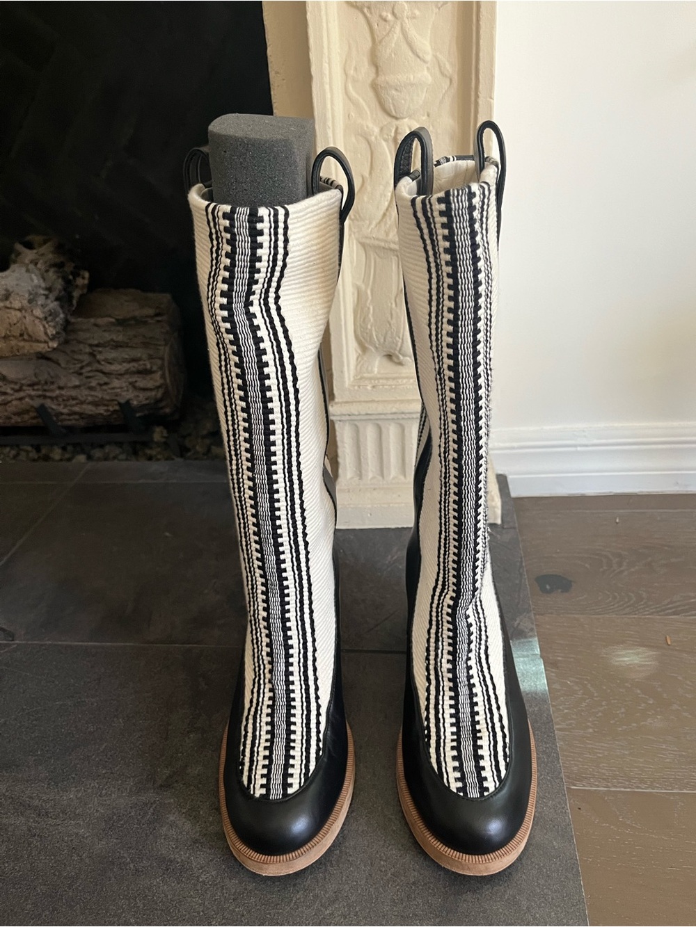 Knit Panel Black and Cream Tall Heeled Boots